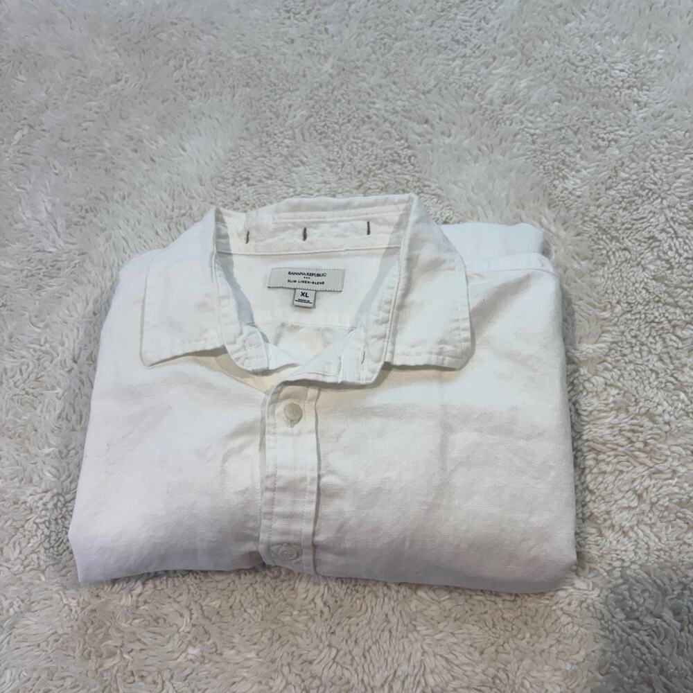Banana Republic Mens Shirt XL White Linen Blend Slim Fit Long Sleeve Minimalist